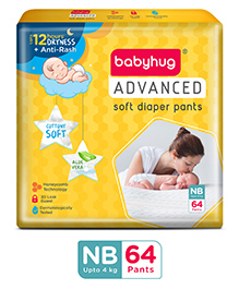 Babyhug Advanced Pant Style Diapers New Born (NB) Size - 64 Pieces, Honeycomb Technology, Cottony Soft Diaper with 3D Leak Guard, Latex & Alcohol Free, Anti-rash & Gentle