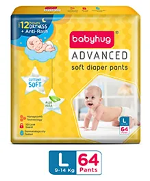 Babyhug Advanced Pant Style Diapers Large (L) Size - 64 Pieces, Honeycomb Technology, Cottony Soft Diaper with 3D Leak Guard, Latex & Alcohol Free, Anti-rash & Gentle