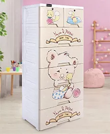 Babyhug 6 Layers High Density Plastic Storage Cabinet Teddy Print With Wheels - White