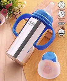 Babyhug Stainless Steel Feeding Bottle with Twin Handles, Blue 200ml| Anti-Colic Nipple| BPA-Free| Rust Free| SS 304 Grade| New Born & Toddlers| Microwave Safe| Leak resistant