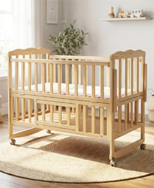 Babyhug Montana Wooden Cot Cum Rocker with Mosquito Net - Natural| Wheels with Lock| Storage Space| Adjustable Height| Openable Side Rail| Foldable Headboard| Attach to Parent Bed| Convert to Study Table