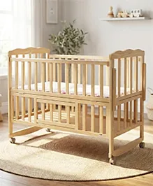 Babyhug Montana Wooden Cot Cum Rocker with Mosquito Net - Natural| Wheels with Lock| Storage Space| Adjustable Height| Openable Side Rail| Foldable Headboard| Attach to Parent Bed| Convert to Study Table