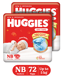 Huggies Dry Tape | Adjustable Tape Style Diapers, New Born (NB) Size (0-5 Kgs), Combo pack of 72 | Up To 2X Faster Absorption, Up To 12 Hours Overnight Absorption
