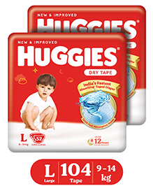 Huggies Dry Tape | Adjustable Tape Style Diapers, Large (L) Size (9-14 Kgs), Combo Pack of 104 | Up To 2X Faster Absorption, Up To 12 Hours Overnight Absorption