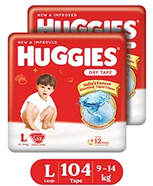 Huggies Dry Tape | Adjustable Tape Style Diapers, Large (L) Size (9-14 Kgs), Combo Pack of 104 | Up To 2X Faster Absorption, Up To 12 Hours Overnight Absorption