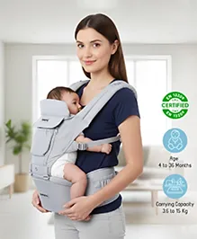 Babyhug Cherish 5-in-1 Hip Seat Baby Carrier:  Ergonomic design with padded straps, Breathable fabric, Foldable head support, storage pockets, and 5 carrying positions for babies up to 15 kg-Grey