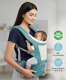 Babyhug Adore 5-in-1 Hip Seat Baby Carrier: Ergonomic, Breathable fabric, Padded straps, Foldable headrest, Secure waist belt, 5 carry positions, and storage pockets for babies up to 15 kg-Green