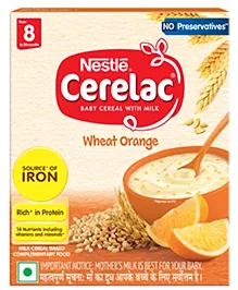 CERELAC Baby Food Cereal | No Preservatives | Wheat Orange for 8 to 24 Months Baby | Source of Iron & Protein | Instant Baby Food Cereal | 300g
