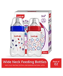 LuvLap Anti-Colic Wide Neck Natura Flo Baby Feeding Bottle, 250ml (Pack of 2), New Born/Infants/Toddler upto 3 years, Stars, BPA Free, Red