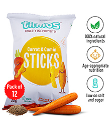 timios 100% Natural Non-Fried Carrot & Cumin Sticks Munchies Pack of 12 - 30 g each