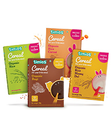 Timios Organic Baby Porridge Trial Pack Rice and Carrot/Ragi/Moong Dal Mix, No Additives 4x100 g