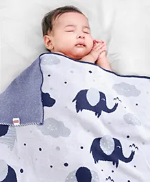 Babyhug Premium Knitted 100% Cotton All Season Blanket Polar Elephant Print - Blue White