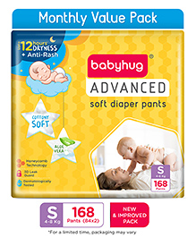 Babyhug Advanced Pant Style Diaper Monthly Box Pack Small (S) Size - 168 Pieces, Honeycomb Technology, Cottony Soft Diaper with 3D Leak Guard, Latex & Alcohol Free, Anti-rash & Gentle