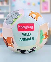 Babyhug Colorful Wild Animals Soft Ball with Gentle Rattle Sound & Animal Prints|Plush ball for Sensory Play, Motor Skill & Visual Development|Lightweight,Travel-Friendly|2+ Months|BIS|Height-13cm
