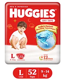 Huggies Dry Tape | Adjustable Tape Style Diapers, Large (L) Size (9-14 Kgs), Pack of 52 | Up To 2X Faster Absorption, Up To 12 Hours Overnight Absorption