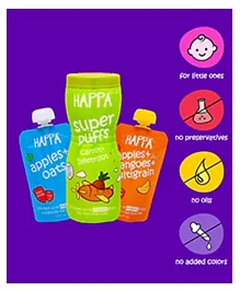 Happa Organic Snack & Puree Combo for Babies - Carrot Beetroot Puffs, Apple Mango & Oats - 3 Pack 100g