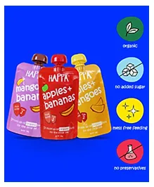 Happa Organic Baby Food Puree | 100% Fruits | No Sugar, Milk Powder, Preservatives | 3 Packs | 6M+ (100g Each)