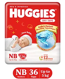 Huggies Dry Tape | Adjustable Tape Style Diapers, New Born (NB) Size (0-5 Kgs), 36 Count | Up To 2X Faster Absorption, Up To 12 Hours Overnight Absorption