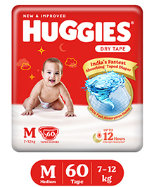 Huggies Dry Tape | Adjustable Tape Style Diapers, Medium (M) Size (7-12 Kgs), Pack of 60 | Up To 2X Faster Absorption, Up To 12 Hours Overnight Absorption