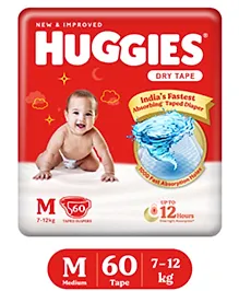 Huggies Dry Tape | Adjustable Tape Style Diapers, Medium (M) Size (7-12 Kgs), Pack of 60 | Up To 2X Faster Absorption, Up To 12 Hours Overnight Absorption