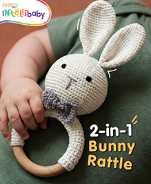 Intellibaby Crochet & Wood Bunny Rattle |Tactile & Auditory Development Baby Rattle | Safety Certified Toy for Newborns|Paediatrician Approved | BIS Certified